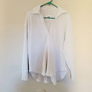 Aerie Sweater Womens XXS Beige Collared V-Neck Waffle Knit Oversized Long Sleeve